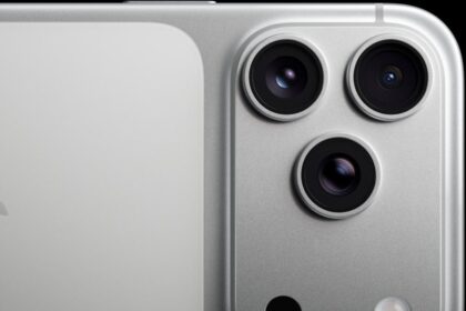 iPhone 17 Pro, silver, back exterior, pro camera system, 3 lenses, microphone, flash