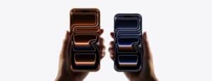 Two models, iPhone 17 Pro Max, iPhone 17 Pro, a hand holds each model, iPhone 17 Pro Max is taller and wider in the hand than iPhone 17 Pro, all screen display, rounded corners