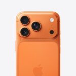 iPhone 17 Pro, back exterior, cosmic orange color, Pro camera system, centered Apple logo