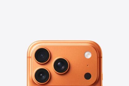 iPhone 17 Pro, back exterior, cosmic orange color, Pro camera system, centered Apple logo