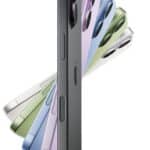 iPhone 17 in black color spinning showcasing the front exterior with more iPhone 17 devices fanning out in different colors - black, lavender, mist blue, sage, white forming a fan shape  