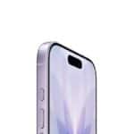 iPhone 17, front exterior with Ceramic Shield, side exterior, lavender color, buttons: action, volume, Dynamic Island centered near top