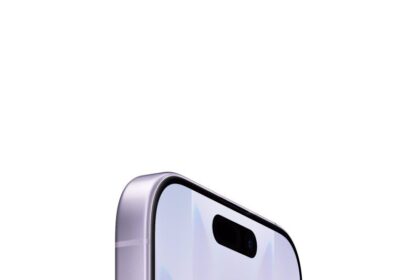 iPhone 17, front exterior with Ceramic Shield, side exterior, lavender color, buttons: action, volume, Dynamic Island centered near top