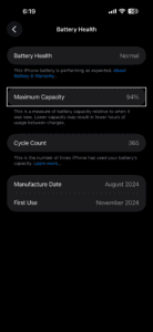 Battery health information for iPhone 16 Pro Max