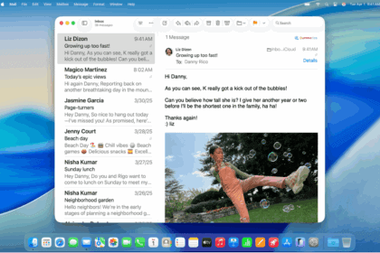 The Mail window is open on the desktop. Emails are displayed with large text.
