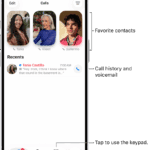 The Calls tab in the Phone app in Unified layout. Favorite contacts appear at the top. Below the Favorites is a list of recent calls and voicemail. Buttons to view the Calls, Contacts, and Keypad tabs appear at the bottom. The Search button is in the bottom-right corner.  