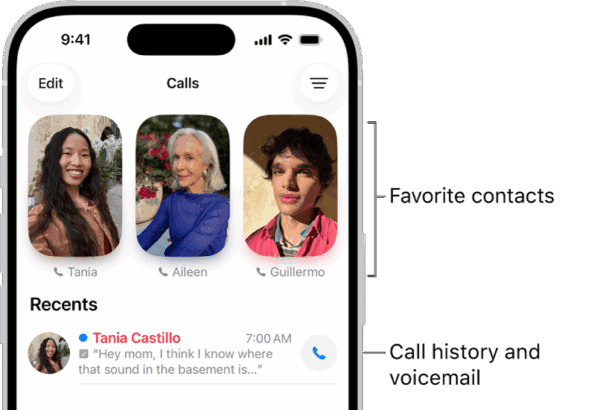 The Calls tab in the Phone app in Unified layout. Favorite contacts appear at the top. Below the Favorites is a list of recent calls and voicemail. Buttons to view the Calls, Contacts, and Keypad tabs appear at the bottom. The Search button is in the bottom-right corner.  