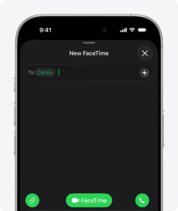 In FaceTime on iPhone, a name is entered in the To field for a new FaceTime call.