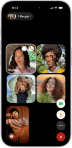 A Group FaceTime call showing five participants in separate tiles.