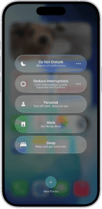 Control Center showing the Focus options, with buttons for setting the duration of the Focus options.