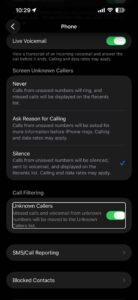 Settings to block unknown callers on iPhone