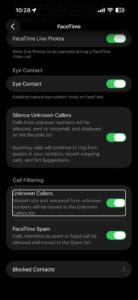 FaceTime Settings to block unknown callers on iPhone