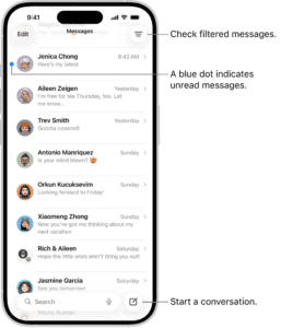 The Messages conversation list on iPhone, with the Compose button at the bottom right. A blue dot to the left of a message indicates it’s unread.