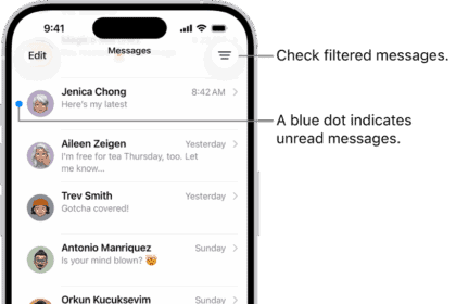 The Messages conversation list on iPhone, with the Compose button at the bottom right. A blue dot to the left of a message indicates it’s unread.