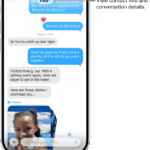 A Messages conversation on iPhone. The name of the person you’re sending messages to is at the top of the screen. You can tap their name to see conversation details. The Add button is in the bottom-left corner.  