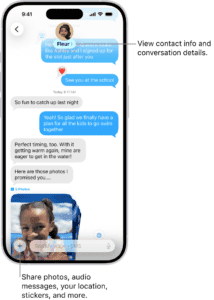 A Messages conversation on iPhone. The name of the person you’re sending messages to is at the top of the screen. You can tap their name to see conversation details. The Add button is in the bottom-left corner.  