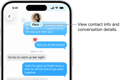A Messages conversation on iPhone. The name of the person you’re sending messages to is at the top of the screen. You can tap their name to see conversation details. The Add button is in the bottom-left corner.  