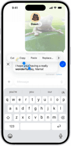 A conversation in Messages showing the last message being edited. The rest of the conversation is lighter, except for the specific text message that’s being edited. The conversation shows that a previous message was unsent, and this message was edited before this current edit.  