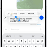 A conversation in Messages showing the last message being edited. The rest of the conversation is lighter, except for the specific text message that’s being edited. The conversation shows that a previous message was unsent, and this message was edited before this current edit.  