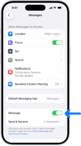 The Messages settings pane with iMessage turned on.