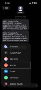 Tap camera or select photo to send picture message on iPhone