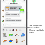 Stickers appear below a conversation. Each button across the top of the card opens a sticker pack.