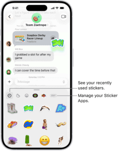 Stickers appear below a conversation. Each button across the top of the card opens a sticker pack.