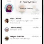 A conversation list in Messages. All messages are shown, because no filter is selected in the Filter menu.