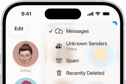 A conversation list in Messages. All messages are shown, because no filter is selected in the Filter menu.