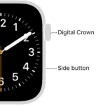 The front of Apple Watch, with the Digital Crown shown at the top on the right side of the watch and the side button shown at the bottom right.  