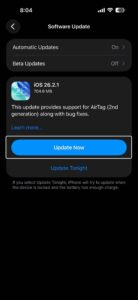 Tap Update Now in Software update settings on iPhone