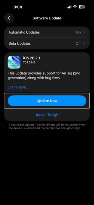 In Settings on iPhone, tap Update Now"