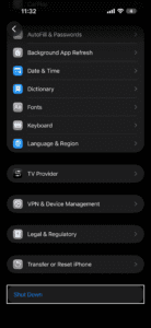 In Settings on iPhone, tap “Shut Down”