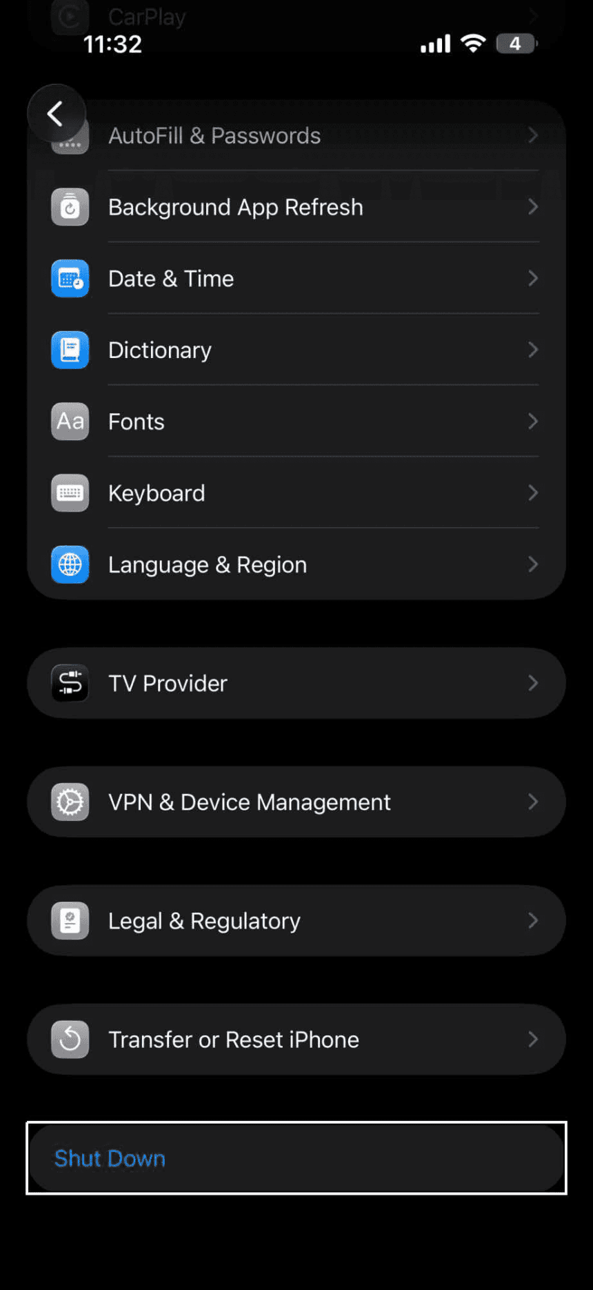 In Settings on iPhone, tap “Shut Down”