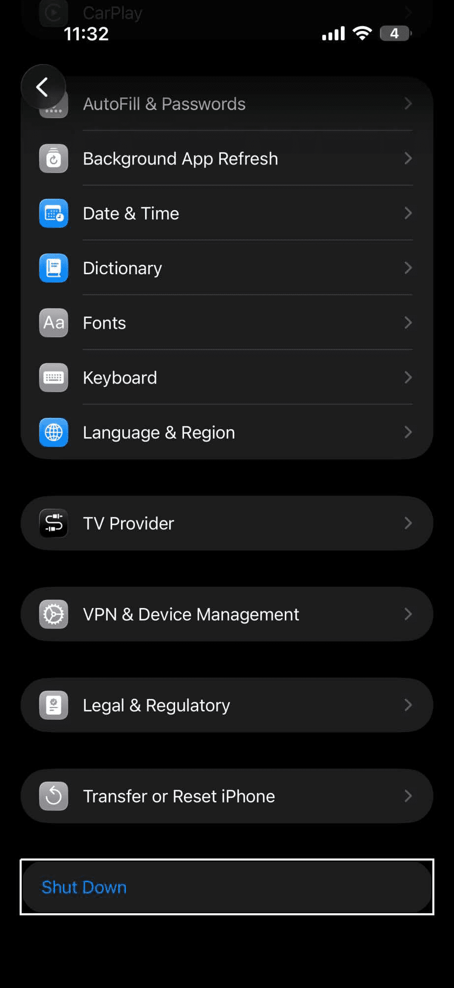 In Settings on iPhone, tap “Shut Down”