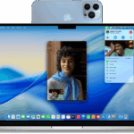 A MacBook Pro using an iPhone as a webcam and showing a FaceTime call.