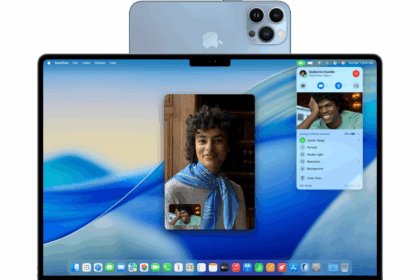 A MacBook Pro using an iPhone as a webcam and showing a FaceTime call.