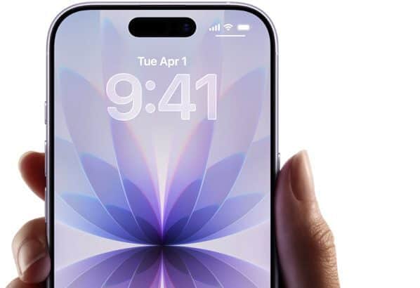 Hand holding iPhone 17, brilliant Super Retina XDR display, with ProMotion up to 120Hz, Ceramic Shield 2 front coating, Dynamic Island  