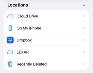 USB drive labelled LEXAR in the iPhone Files app.