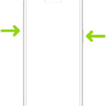 An iPhone with Face ID. One arrow points to the side button and another arrow points to the volume up button to demonstrate how to take a screenshot.  