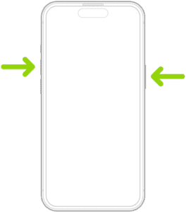 An iPhone with Face ID. One arrow points to the side button and another arrow points to the volume up button to demonstrate how to take a screenshot.  