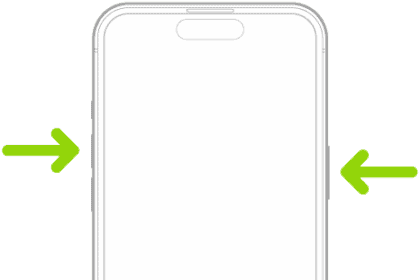 An iPhone with Face ID. One arrow points to the side button and another arrow points to the volume up button to demonstrate how to take a screenshot.  