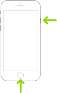An iPhone with Touch ID. One arrow points to the side button and another arrow points to the Home Button to demonstrate how to take a screenshot.