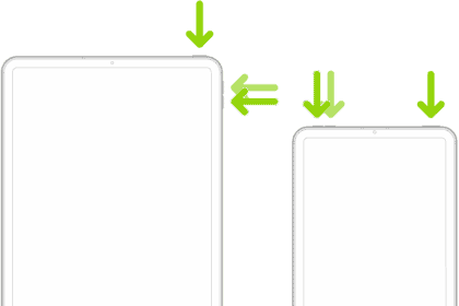 Two iPad models. Both iPad models have a top button; one iPad model has volume buttons on the side, and the other has volume buttons at the top. Arrows point to the top buttons and volume buttons.