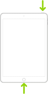 An iPad with a Home button. Arrows point to the Home button and the top button.  
