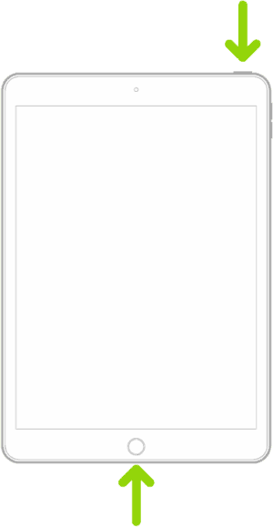 An iPad with a Home button. Arrows point to the Home button and the top button.  