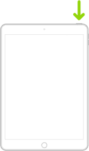 An iPad with a Home button. An arrow points to the top button.