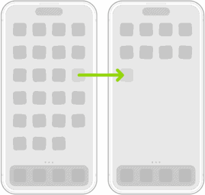 Jiggling apps on the Home Screen with an arrow showing one app being dragged to the next page.