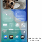 A customized Home Screen clear icons tinted blue and arranged to frame the photo, and controls at the bottom of the screen for customizing icons. Options include Automatic, Dark, Light, and Tinted buttons, options for choosing color and saturation, and Small and Large buttons for setting the icons’ size.  