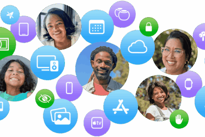 Five smiling family members are shown with icons of iCloud, photos, Apple TV+, and other Apple products and services.
